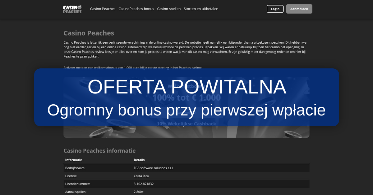 Peaches Casino welcome bonus