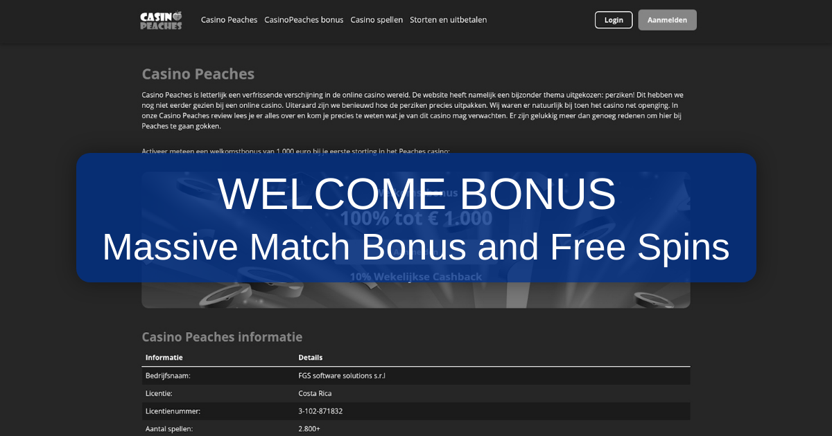 Peaches Casino welcome bonus